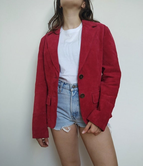 Vintage Suede Blazer in Magenta Pink / Size S / Suede Genuine Leather Jacket Festive