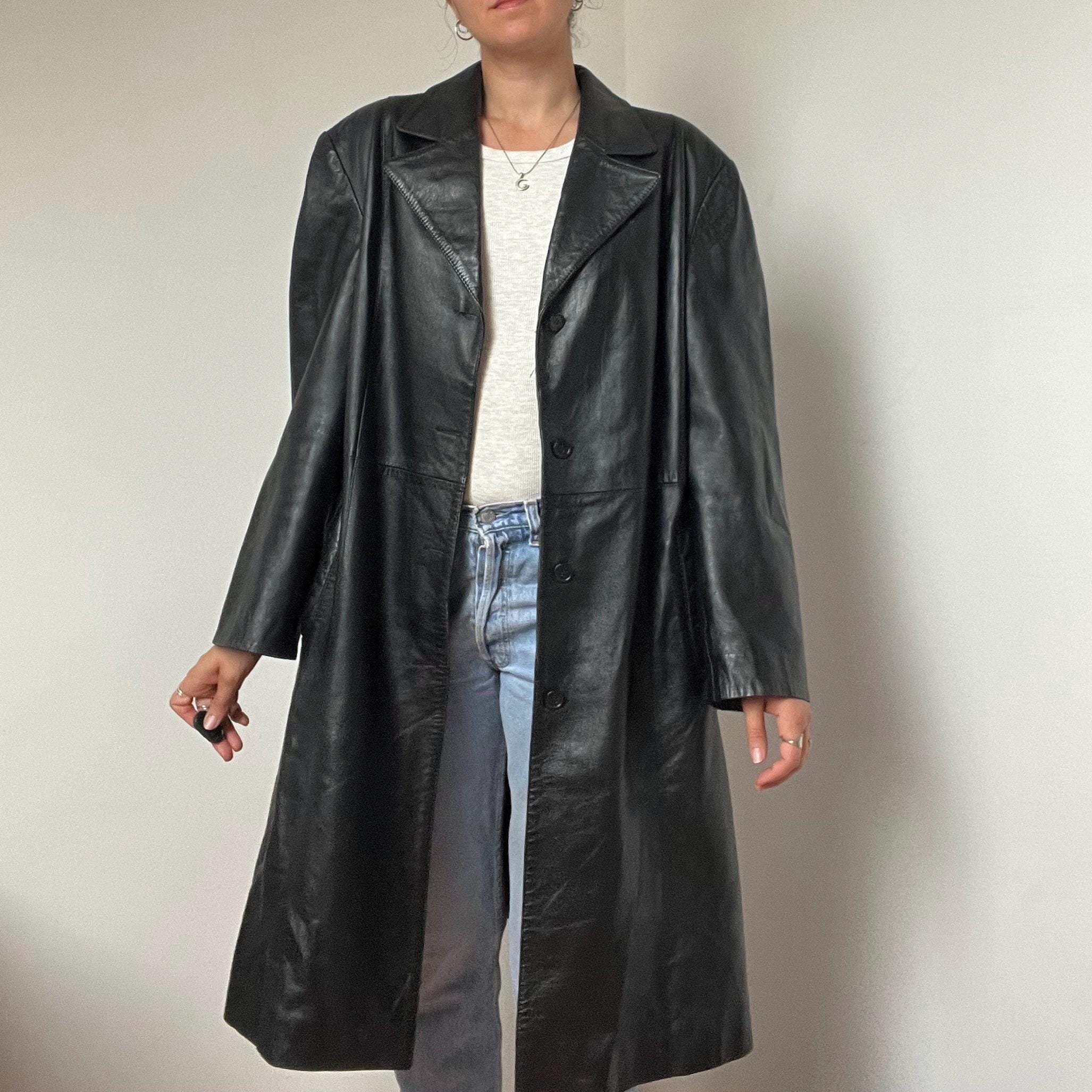 Vintage Black Leather Coat – Size Large - 90s Long Leather Jacket