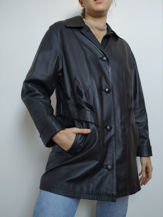 Vintage leather coat;black leather button up; 90s;