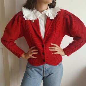 Vintage Austrian Wool Cardigan in Red / Size S-M / Tyrolean Sweater with Cable Knit Details image 2