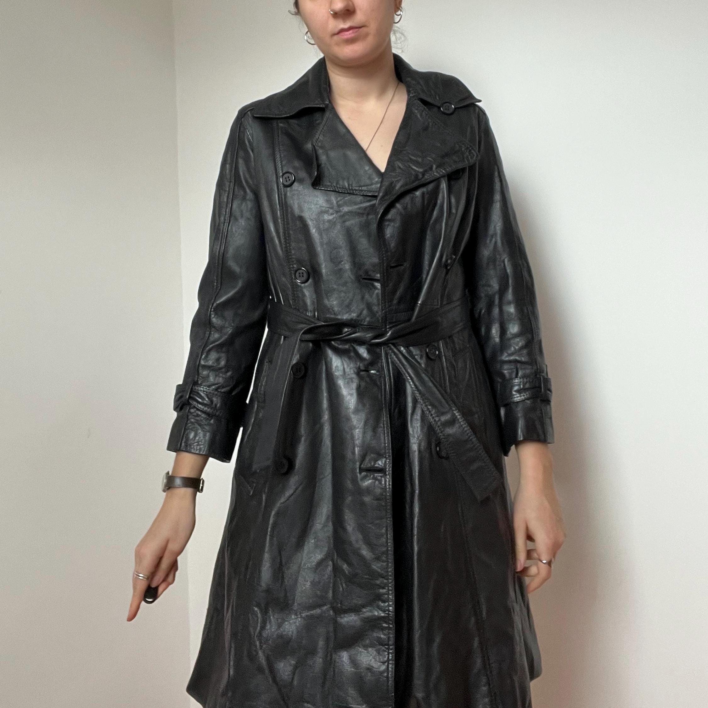 ジャケット・アウター vintage real leather trench coat Vintage Black Leather Trench Coat Women | Size Small | Genuine