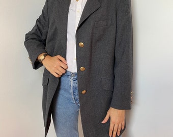 Vintage Wool Blazer in Gray for Women / Size M / Wool Suit Single Breasted Notch Collar Jacket with Pockets