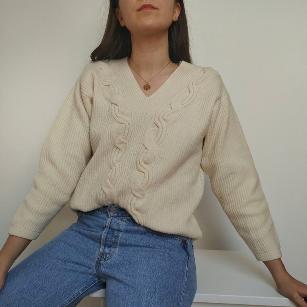 Vintage Cream Wool Sweater in Vanilla / Size XS-S / Butter Cream Wool ...