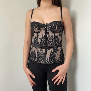 Lace Corset Top by Twinset Milano – Black Sheer Mesh Floral Bustier – Elegant Lingerie-Inspired Evening Top – Y2K Romantic Partywear