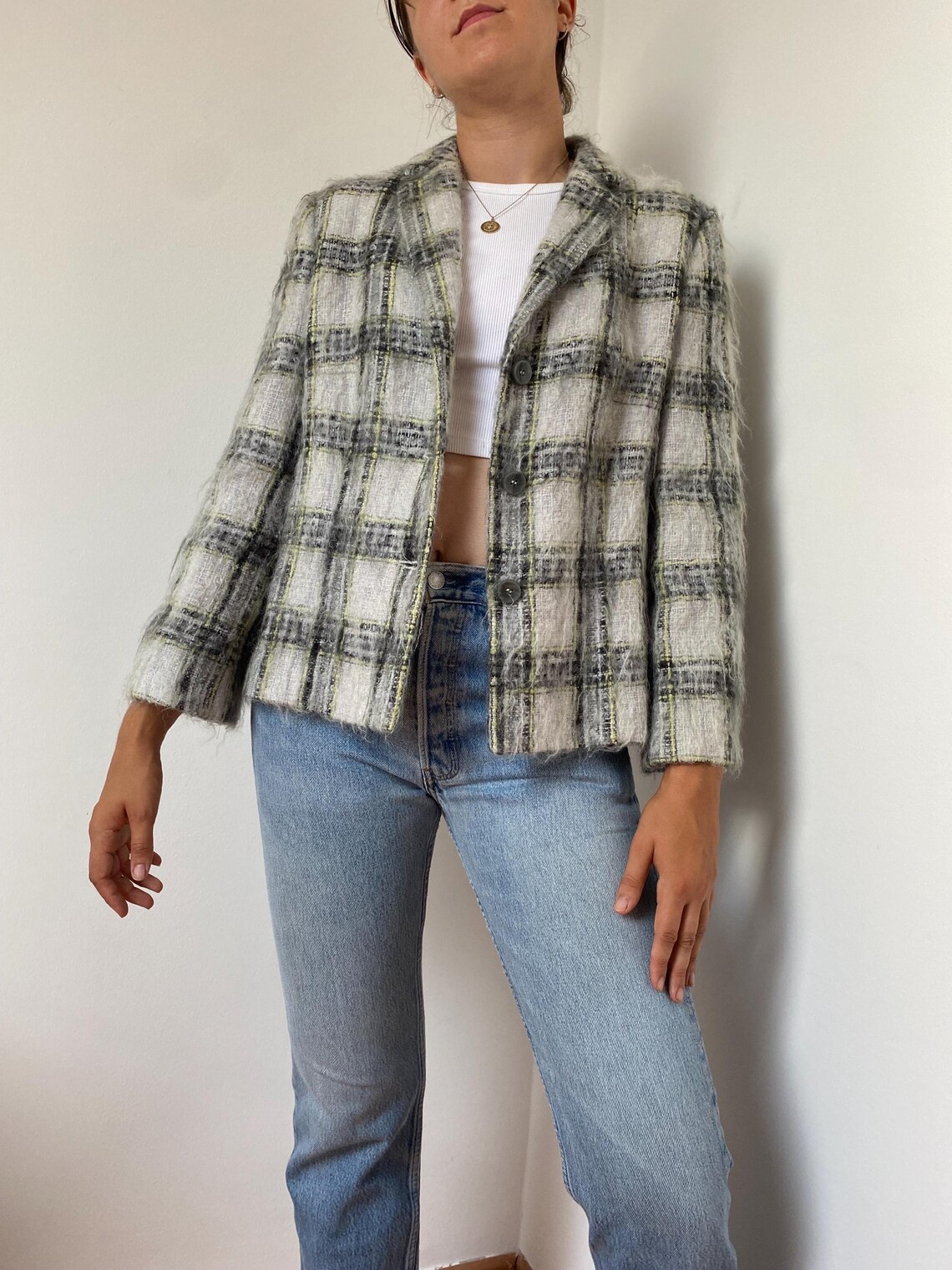 Vintage Mohair Wool Blazer by Betty Barclay / Size Small / Checked Plaid Mohair Jacket / 80s 90s Boxy Fit Wool Blazer Tweed Style, Foto 2 von 5