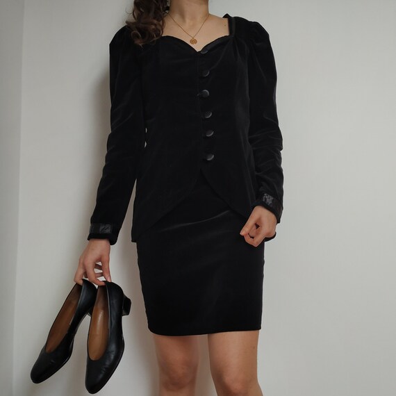 Vintage Black Velvet Skirt&Blazer set; two piece s