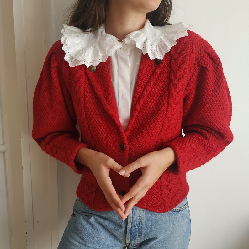 Vintage Austrian Wool Cardigan in Red / Size S-M / Tyrolean Sweater with Cable Knit Details image 4