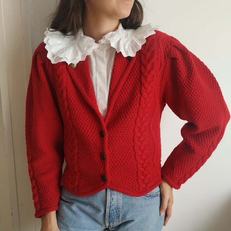 Vintage Austrian Wool Cardigan in Red / Size S-M / Tyrolean Sweater with Cable Knit Details image 1