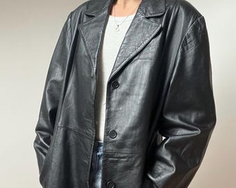 Vintage Black Leather Coat – Size Large - 90s Long Leather Jacket