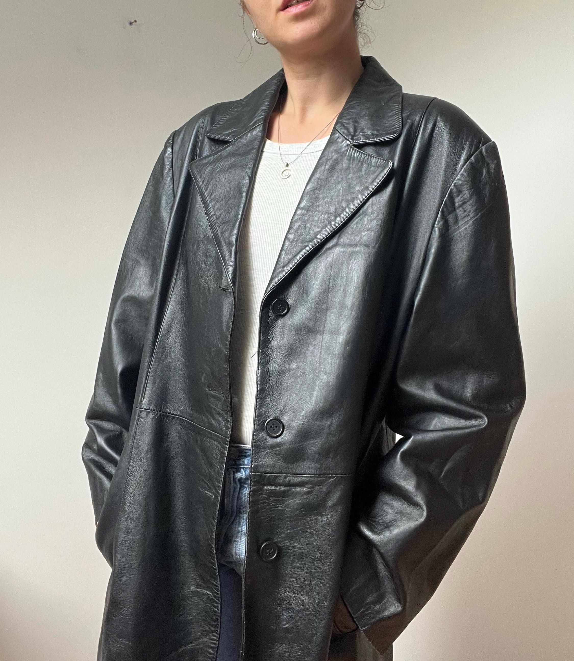 Vintage Black Leather Coat – Size Large - 90s Long Leather Jacket
