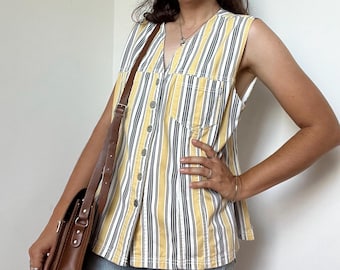Débardeur rayé boutonné vintage | Grande taille | sans manches rayé jaune blanc des années 90 | Top minimaliste bohème d'été en coton femme