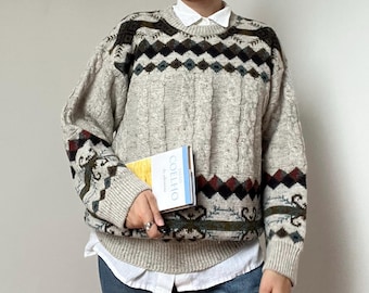 Suéter de punto vintage de los años 90 - Jersey grueso de lana nórdica - Talla M/L - Jersey de cuello redondo de punto trenzado - Suéter suave de invierno unisex Talla M/L