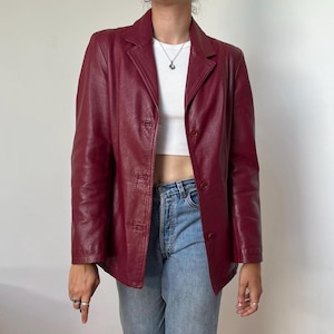 Vintage Leather Jacket in Burgundy Red / Size Small / Genuine Leather Blazer Cherry Red