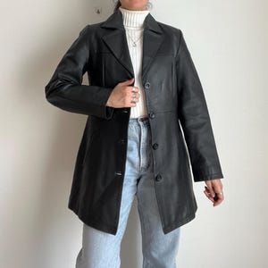 Veste en cuir vintage pour femme / Taille Small / Manteau en cuir véritable noir / Trench en cuir