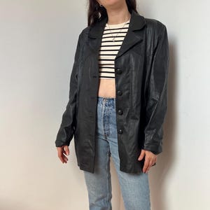 Vintage Black Leather Blazer Jacket /  Size M-L / Real Leather Minimalist Longline Coat – Y2K Style  / Made in Italy Minimalist Slim Fit