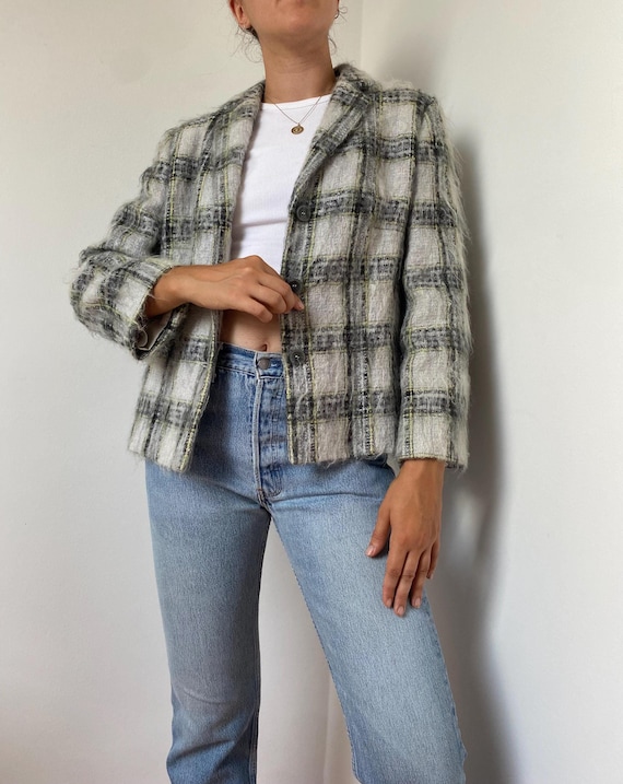 Vintage Mohair Wool Blazer by Betty Barclay / Size Small / Checked Plaid Mohair Jacket / 80s 90s Boxy Fit Wool Blazer Tweed Style