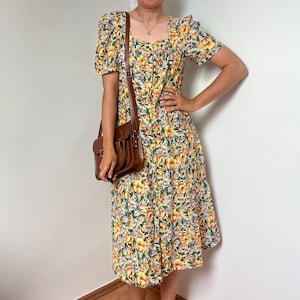 Vintage 90s Yellow Floral Midi Dress -  Size Large– Button Front / Puff Sleeves / Cottagecore Summer Style