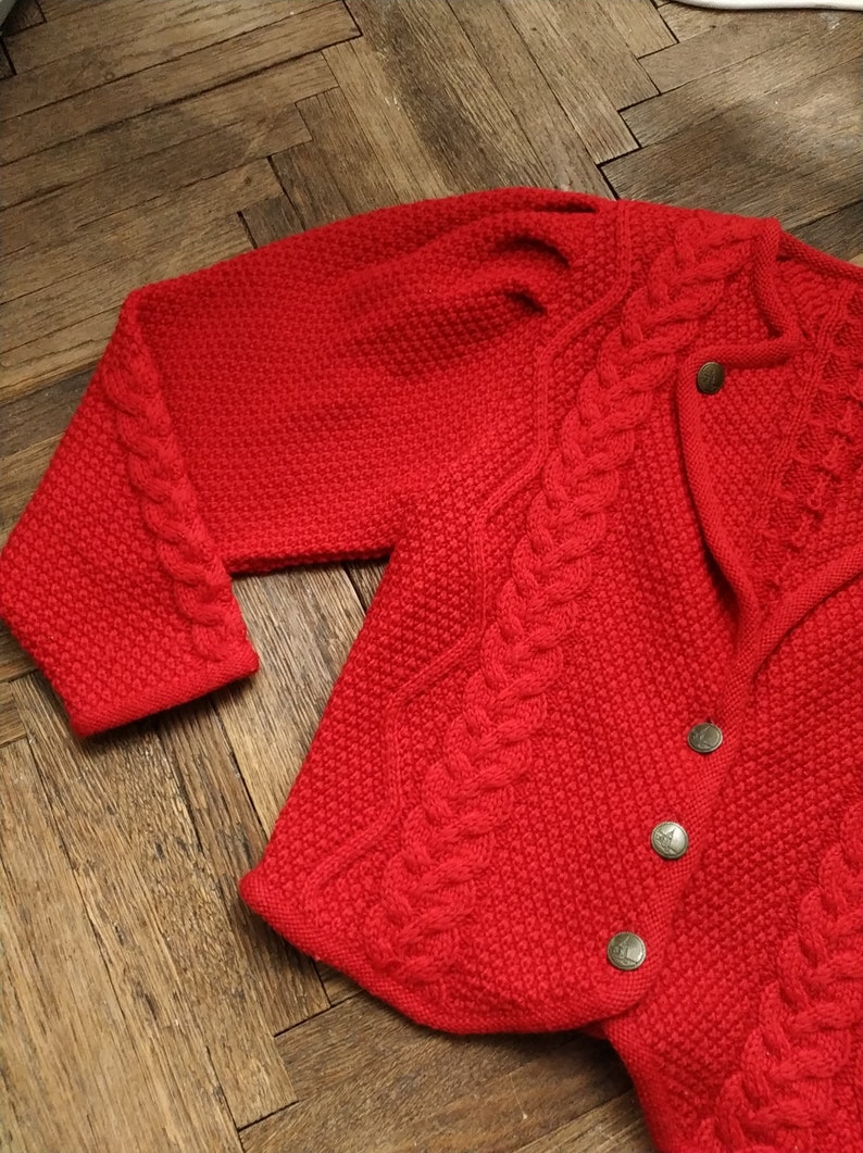 Vintage Austrian Wool Cardigan in Red / Size S-M / Tyrolean Sweater with Cable Knit Details image 7