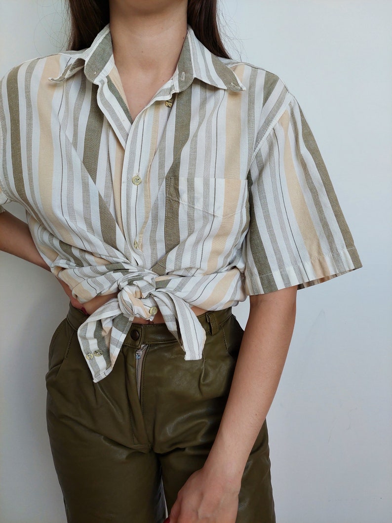 Vintage Cotton Linen Blend Shirt, Size S-M / Cotton Striped Shirt / Unisex Shirt / Summer Shirt / Oversized Shirt / Earth Tone image 2