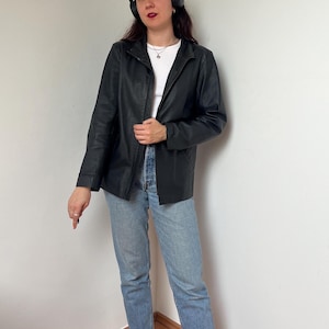 Vintage Black Leather Jacket – Size Small -  Zip Front – Minimalist Cut – Unisex Fit Leather Biker Jacket