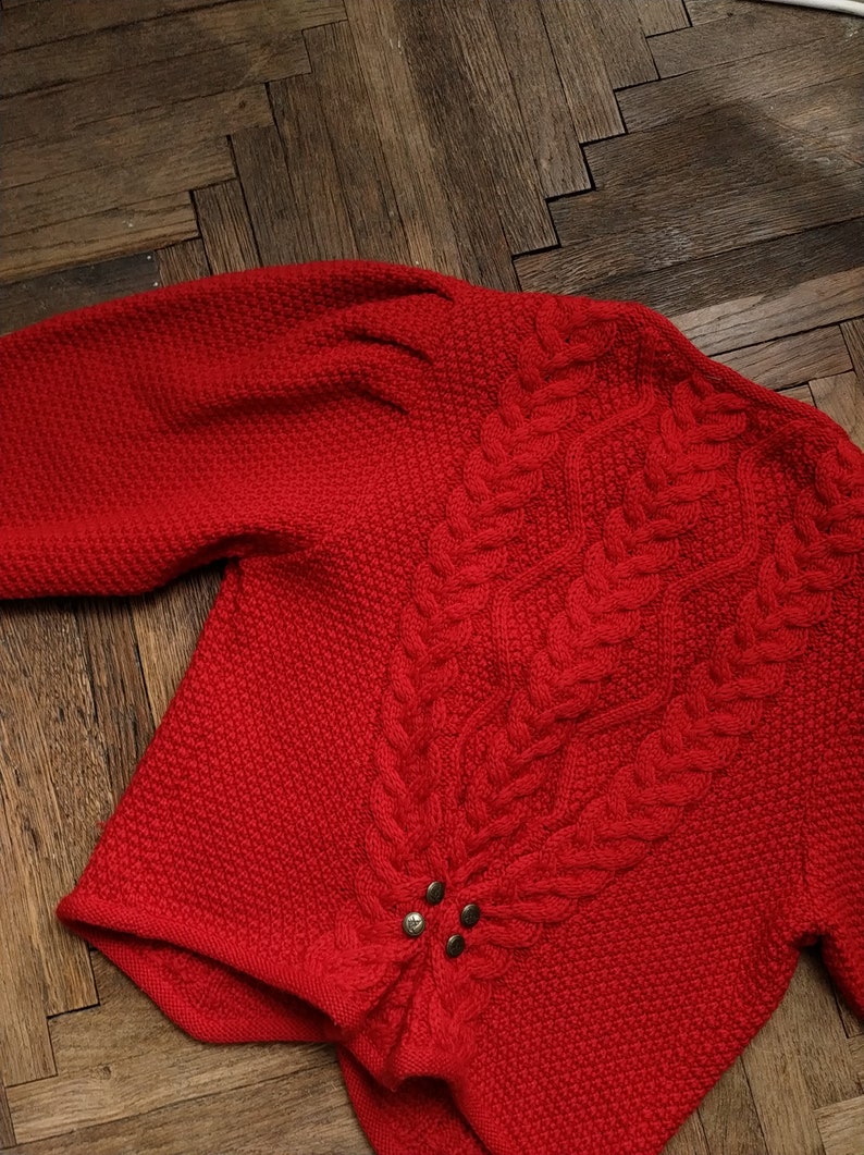 Vintage Austrian Wool Cardigan in Red / Size S-M / Tyrolean Sweater with Cable Knit Details image 3