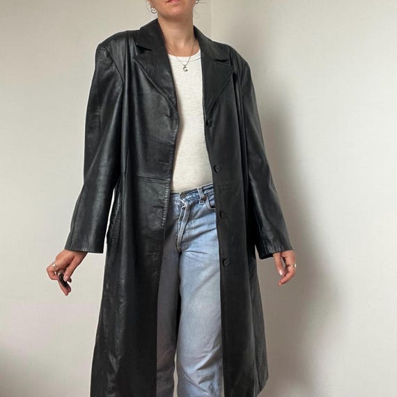 Vintage Black Leather Coat – Size Large - 90s Long Leather Jacket