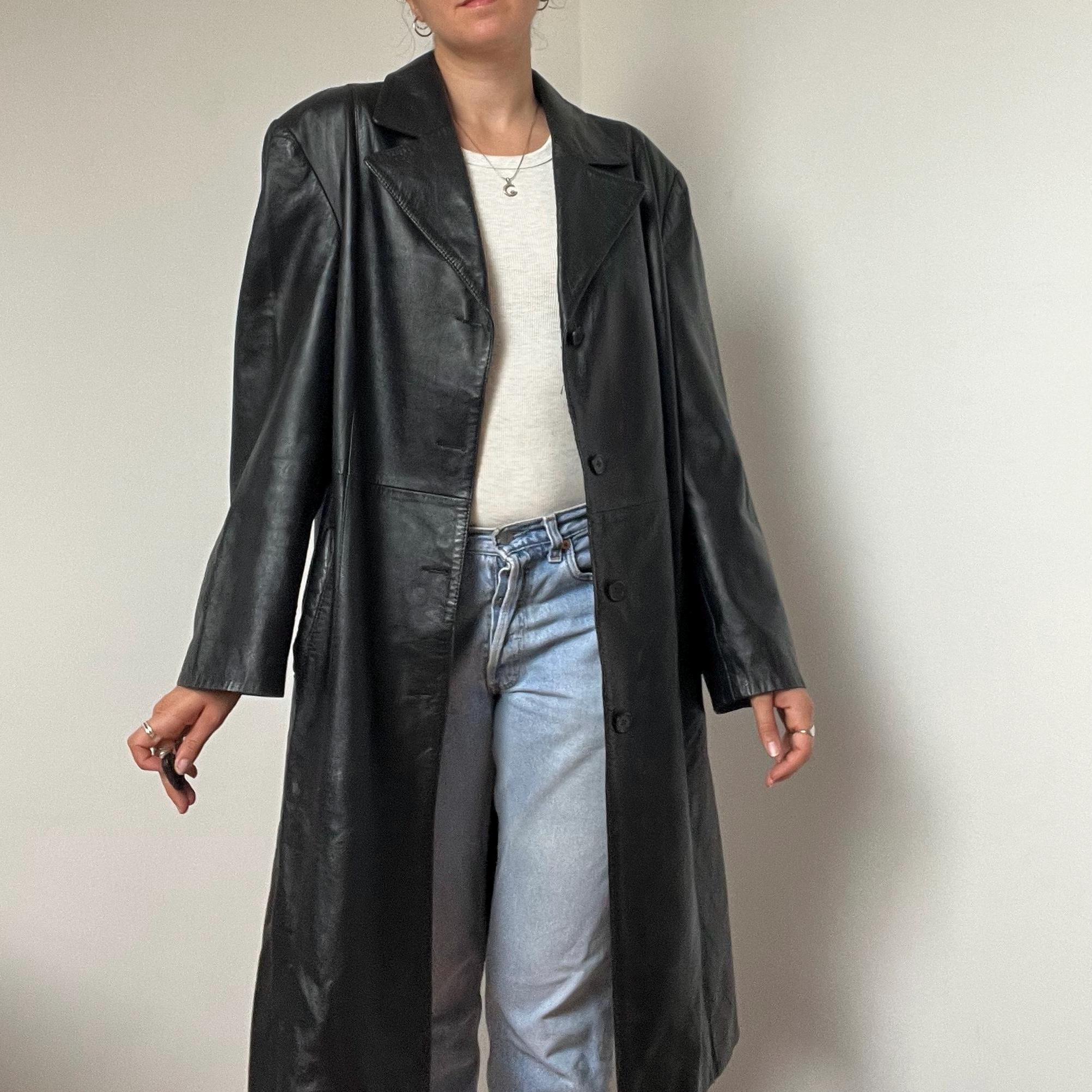 Vintage Long Black Leather Coat – Genuine Leather – 90s Matrix