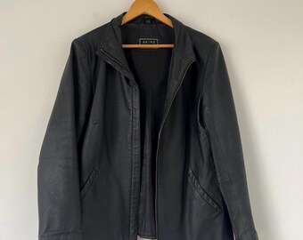 Vintage Black Leather Jacket – Minimal Zip Front Genuine Leather Jacket, Size Small, Classic Tailored Leather Outerwear Y2K