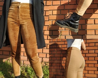 Vintage Leather Pants in Brown / Size S / Suede Leather Trousers Slim Fit High Waisted