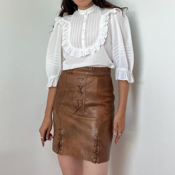 Vintage Western Style Real Leather Mini Skirt – Size Small Brown