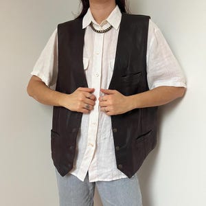 Vintage Genuine Leather Vest / Size L-XL - Italian Dark BrownLeather Waistcoat for Men  / 90s Minimalist Biker Style Leather Button-Up Gilet