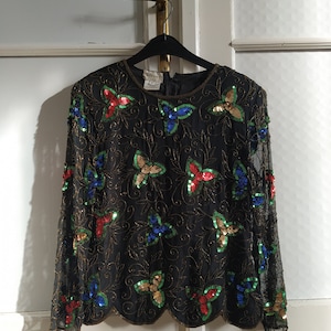 Silk Sequined Blouse by Stenay / Handmade Fully sequins / 100% silk - Size S / Stenay Silk Beaded Evening Top