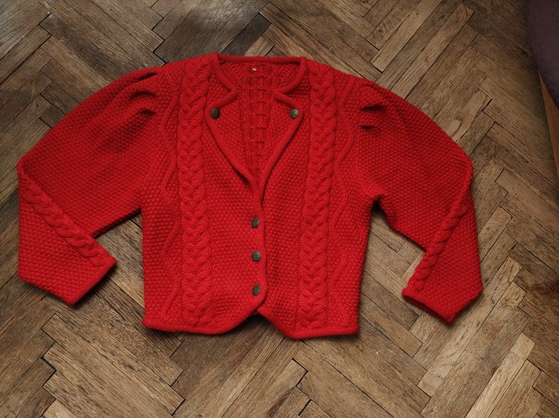 Vintage Austrian Wool Cardigan in Red / Size S-M / Tyrolean Sweater with Cable Knit Details image 9