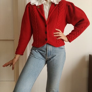 Vintage Austrian Wool Cardigan in Red / Size S-M / Tyrolean Sweater with Cable Knit Details image 6