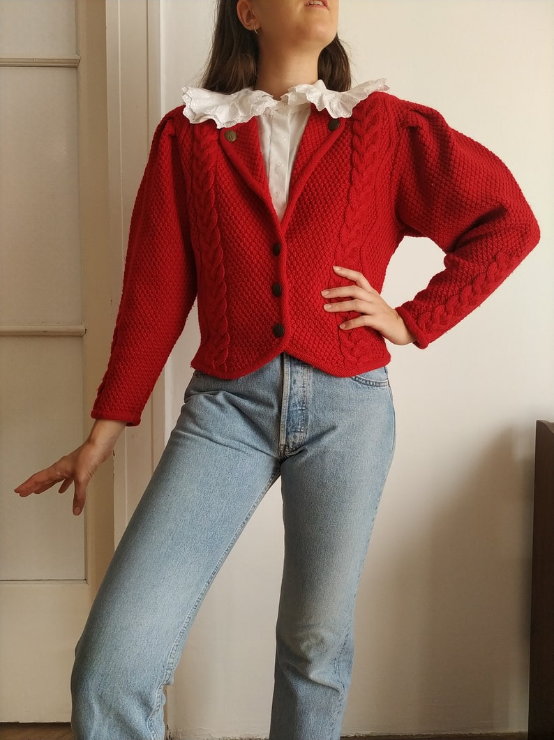 Vintage Austrian Wool Cardigan in Red / Size S-M / Tyrolean Sweater with Cable Knit Details image 6