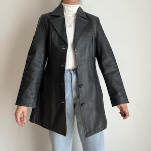 Vintage Leather Jacket for Women / Size Small / Black Leather coat / Leather Trench Coat Minimalist Button Down Fall Outerwear
