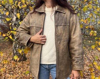 Vintage Leather Biker Jacket for Women / Size S / Genuine Leather Moto Jacket / Y2K Style Short Zip Up