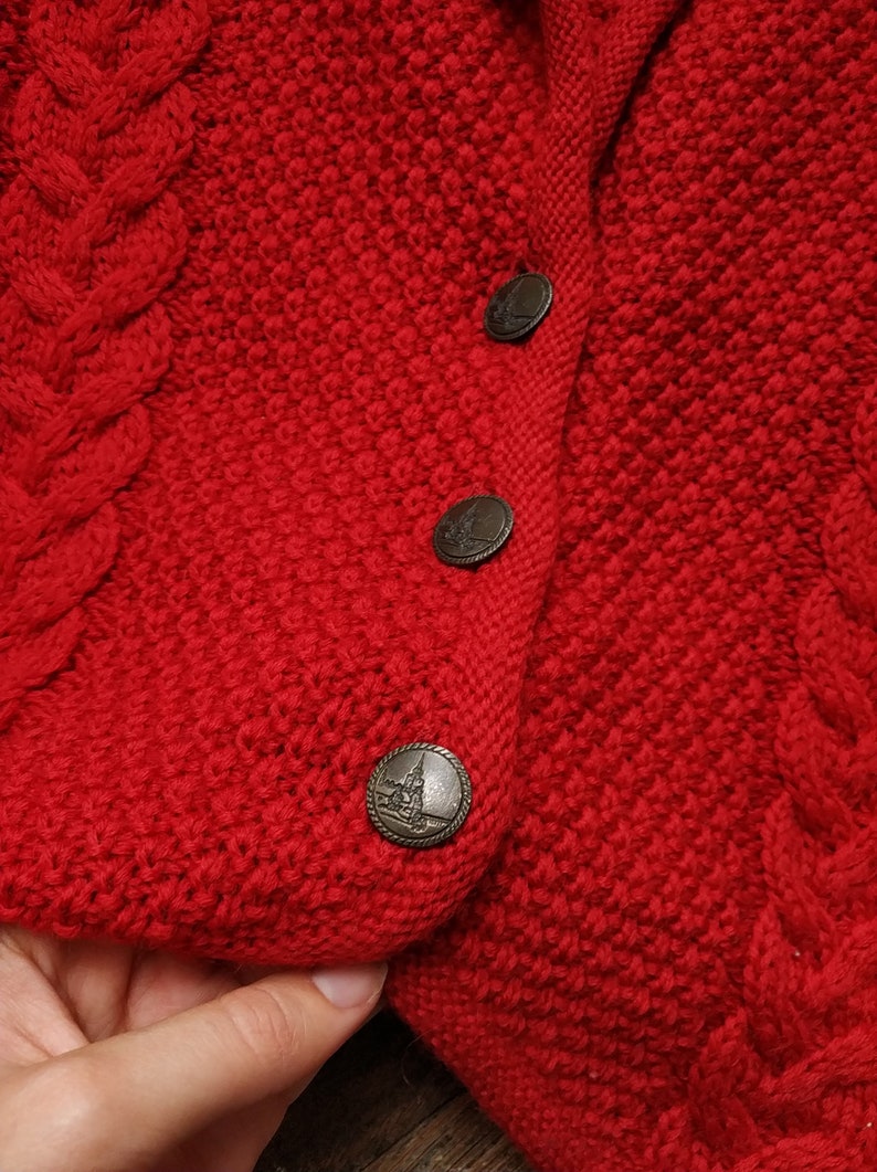 Vintage Austrian Wool Cardigan in Red / Size S-M / Tyrolean Sweater with Cable Knit Details image 5