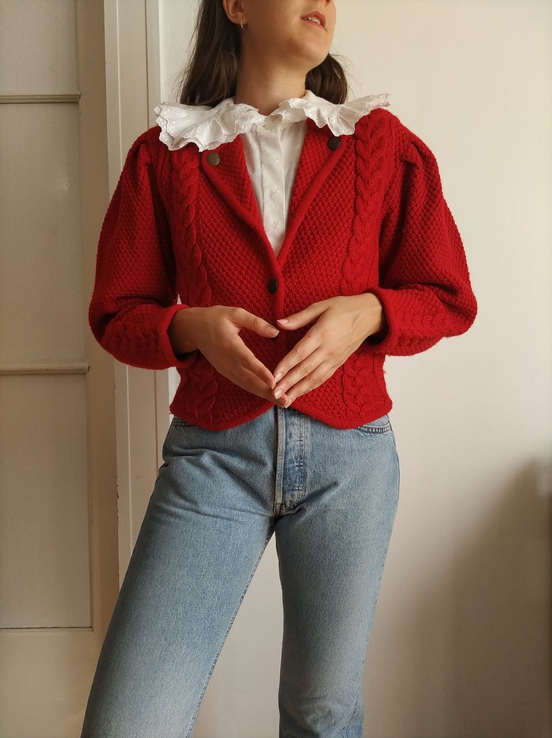 Vintage Austrian Wool Cardigan in Red / Size S-M / Tyrolean Sweater with Cable Knit Details image 10