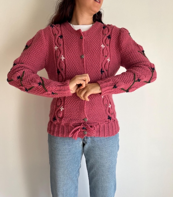 Vintage Austrian Cardigan Size Small Handmade Pink Floral
