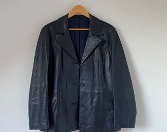 Vintage Lederjacke für Frauen in Blau / Größe M / Vintage Leder Blazer / Minimalistischer Mantel