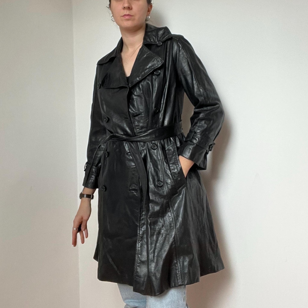 ジャケット・アウター vintage real leather trench coat Vintage Black Leather Trench Coat Women | Size Small | Genuine