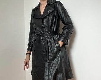 Vintage Black Leather Trench Coat Women | Size Small | Genuine Leather Long Coat | 80s 90s Minimalist Belted Jacket | Oversized Goth Chic