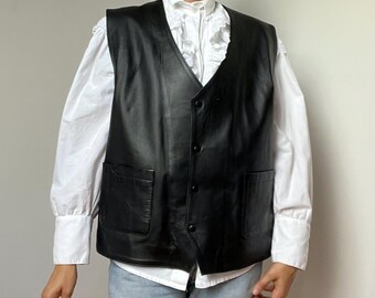 Vintage Black Leather Vest |  Size Large - Soft Genuine Leather Waistcoat | Minimalist Sleeveless Jacket | Classic Cut | Unisex M/L