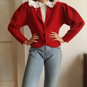 Vintage Austrian Wool Cardigan in Red / Size S-M / Tyrolean Sweater with Cable Knit Details image 8