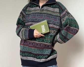Suéter vintage 100% lana XL – Jersey con estampado nórdico de los años 90 – Jersey extragrande de lana para hombre – Jersey retro de invierno
