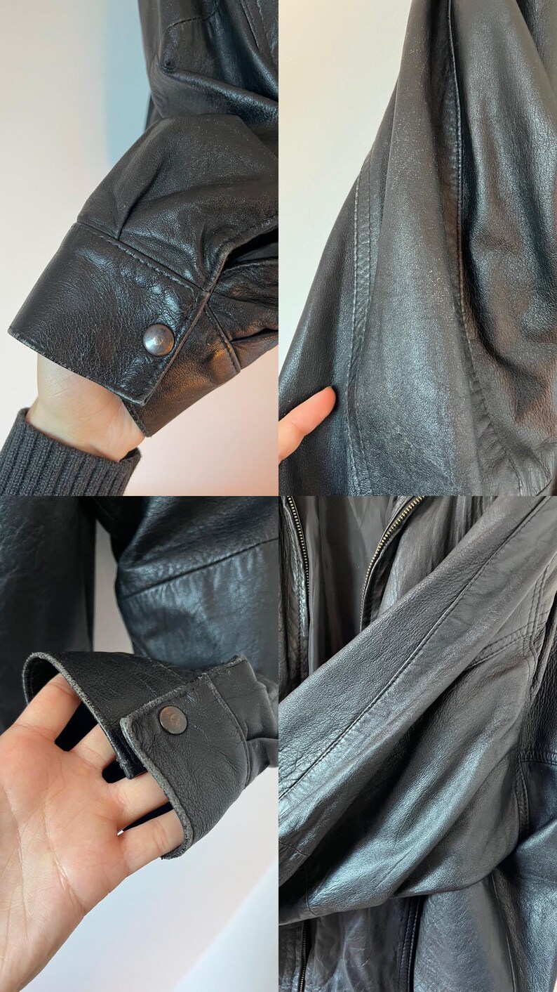 Vintage 90er Jahre Herren schwarze Lederjacke XL - Übergroßer Echtleder Reißverschlussmantel - Retro minimalistische Streetwear-Oberbekleidung Bild 13
