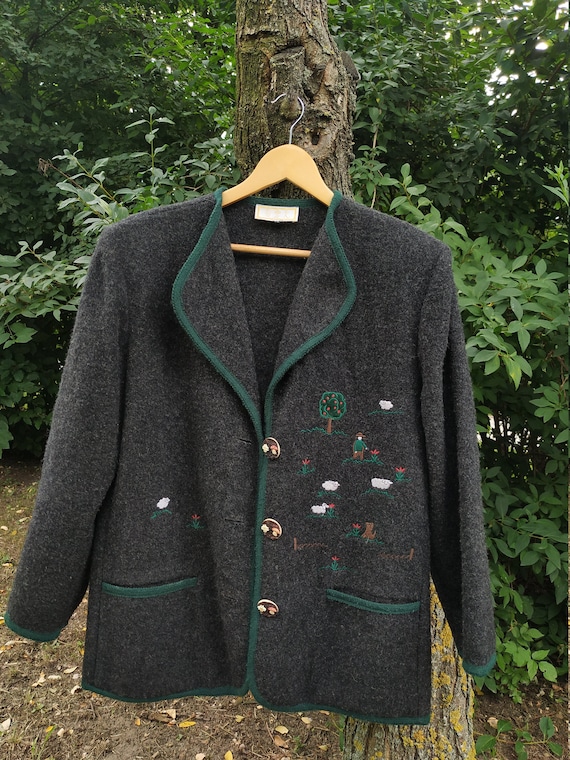 Vintage Austrian 100% wool sweater; wool cardigan; folk art sweater; embroidered wool cardigan; trachten wool; bavarian cardigan; folk art