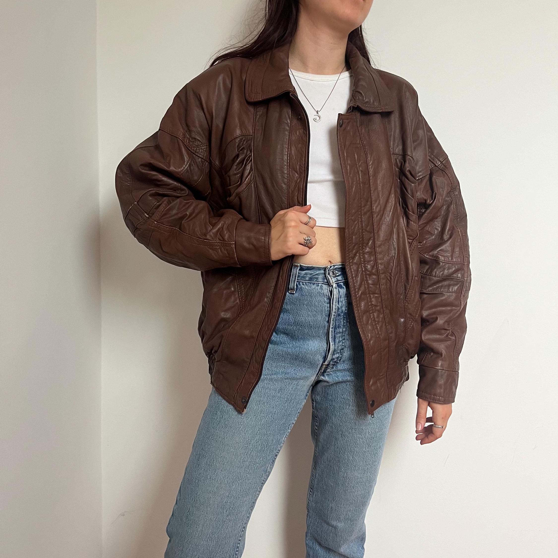 80s art short real leather bomber jacket