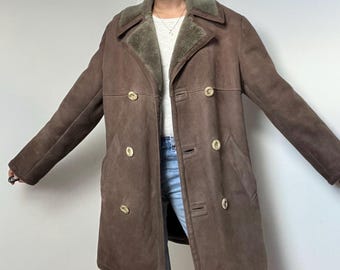 Vintage Double-Breasted Shearling Coat – Size Large - Made in England – Real Sheepskin Suede Jacket – 70s/80s Winter Coat Unisex